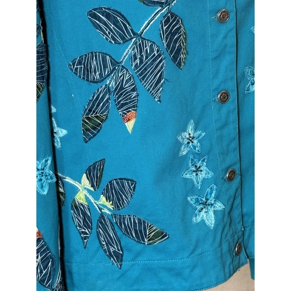 Chicos Teal Tropical/Leaf/Parrot Applique/Beaded Denim Jacket Sz 3 (XL-16) Artsy